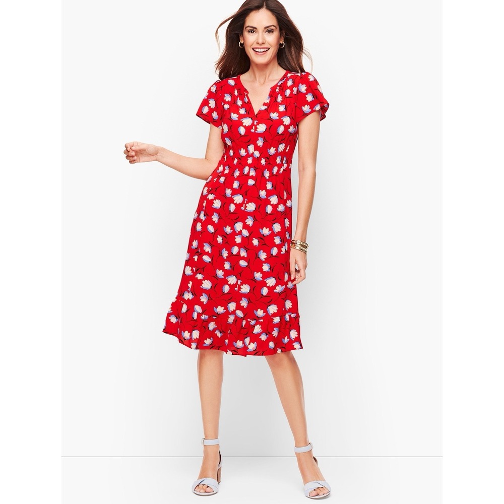 Talbots Flowing Flounce Hem Dress Red White Blue Sz 10 Flutter Sleeve Colorful